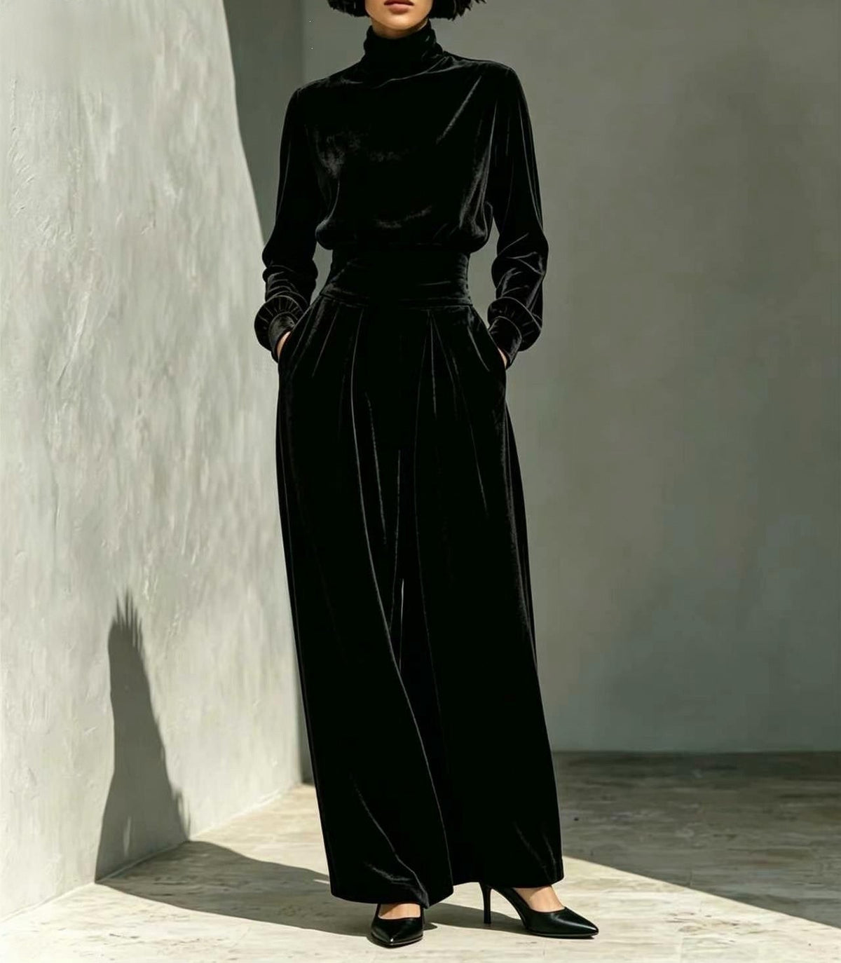Velvet Turtleneck Top and Wide Leg Pants Set