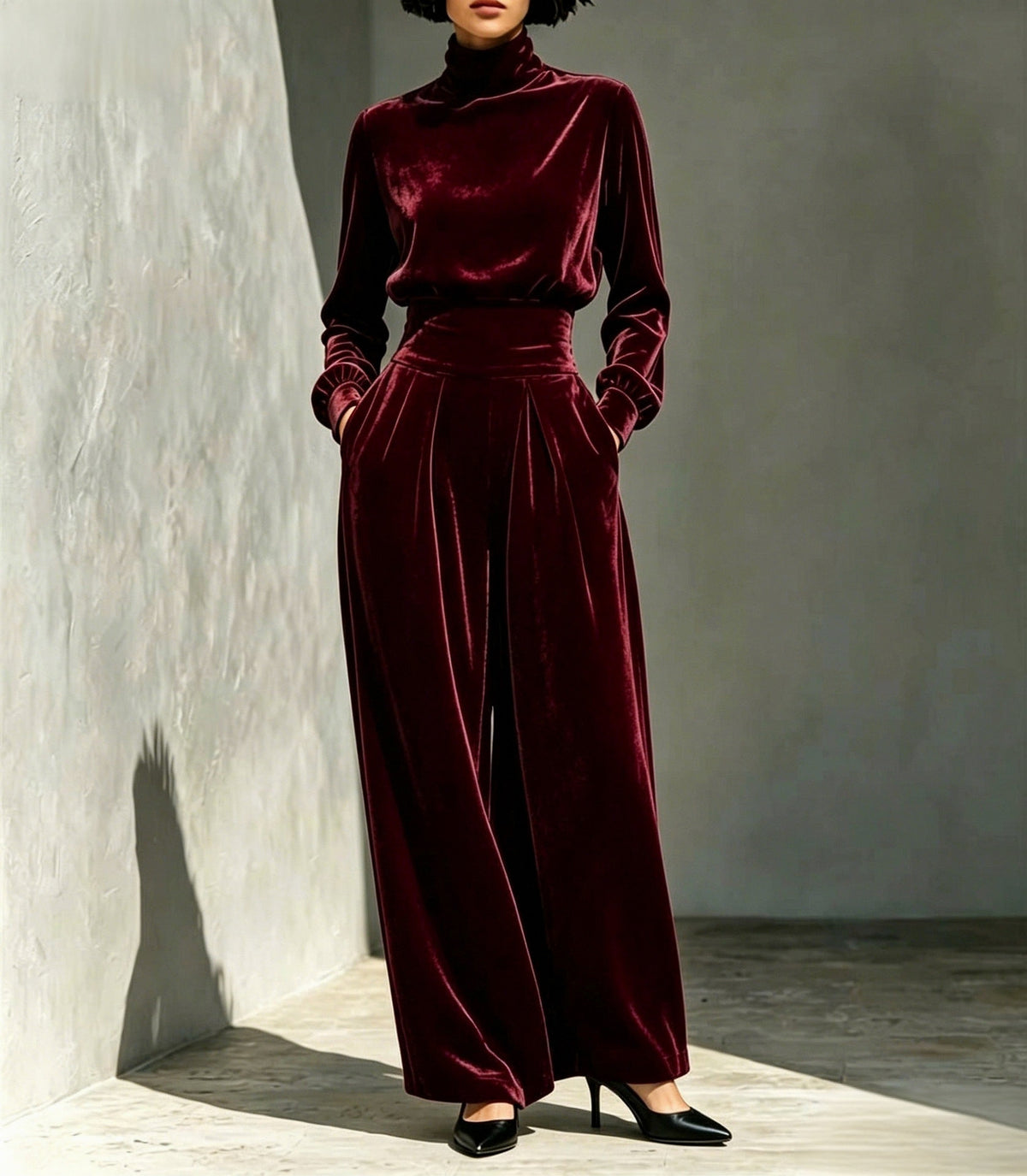 Velvet Turtleneck Top and Wide Leg Pants Set