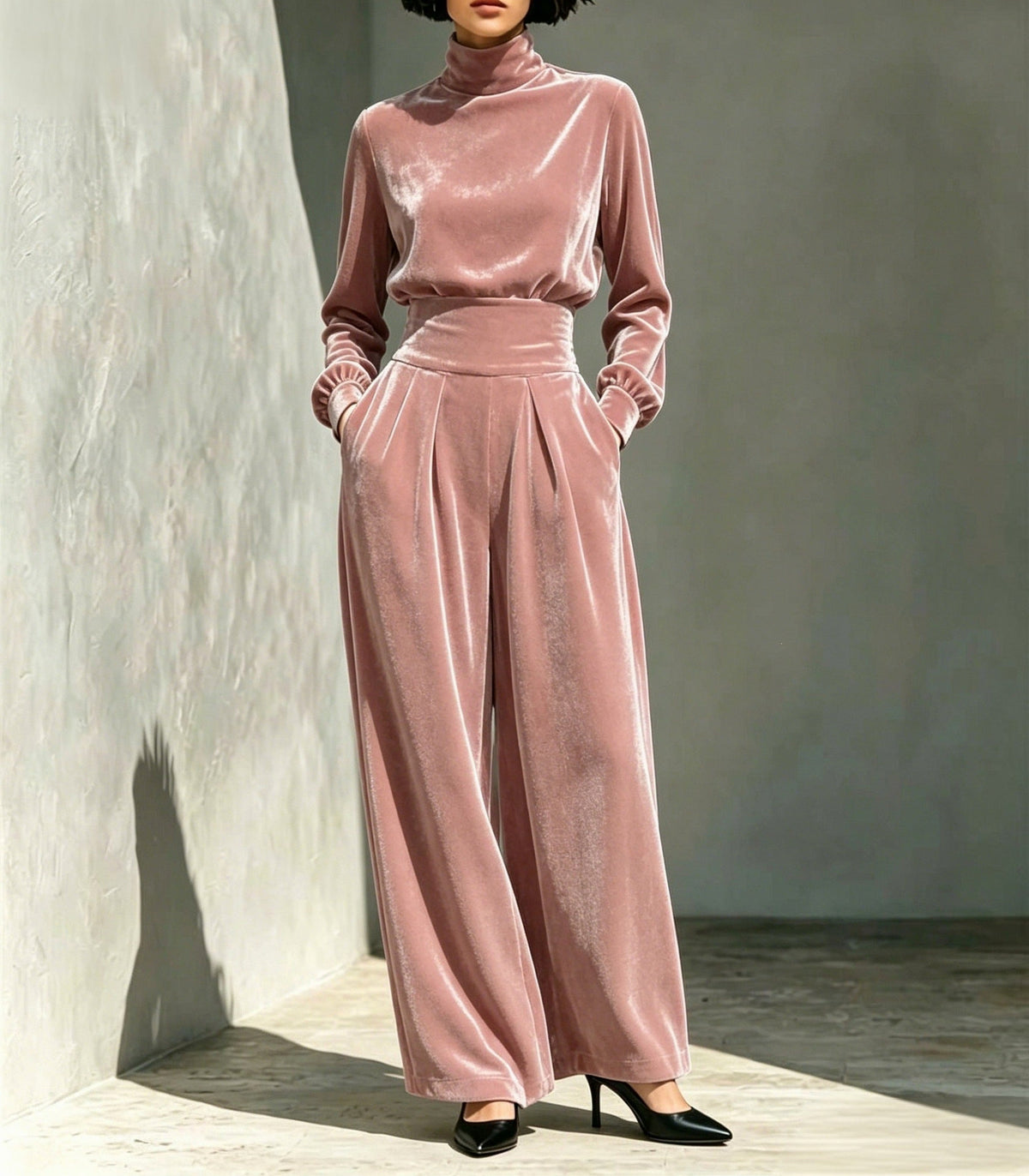 Velvet Turtleneck Top and Wide Leg Pants Set