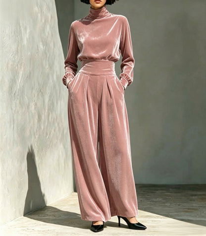 Velvet Turtleneck Top and Wide Leg Pants Set