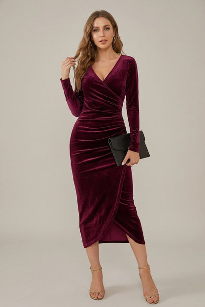 Velvet Wrap Long Sleeve Ruched Midi Dress