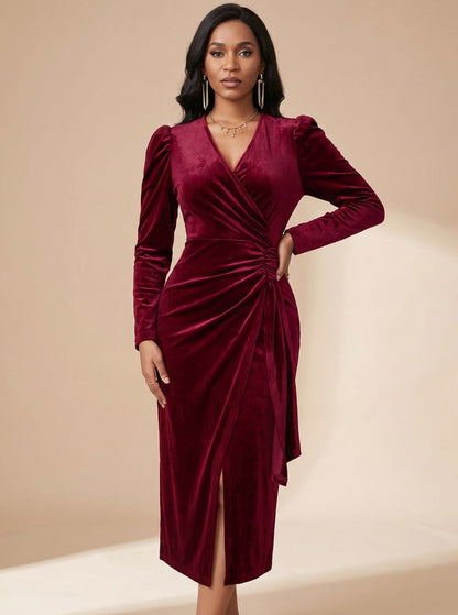 Velvet Wrap Long Sleeve Midi Dress
