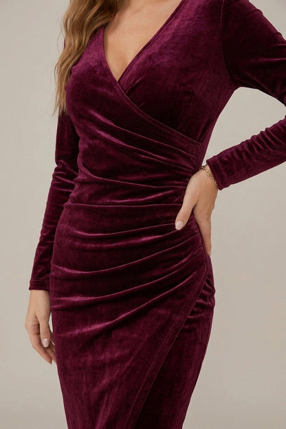 Velvet Wrap Long Sleeve Ruched Midi Dress