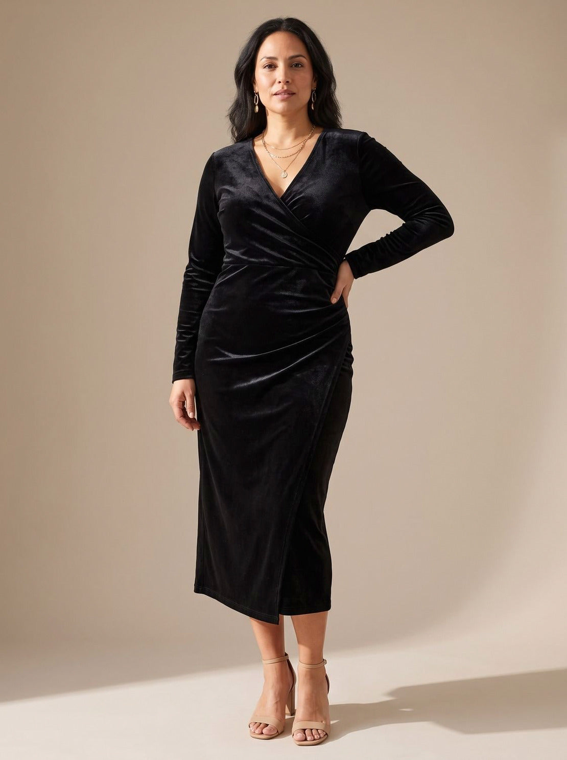 Velvet Wrap Long Sleeve Midi Dress