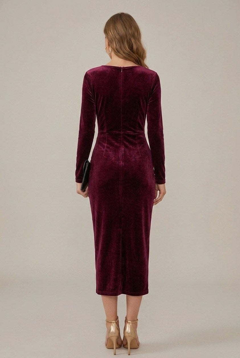 Velvet Wrap Long Sleeve Ruched Midi Dress