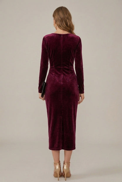 Velvet Wrap Long Sleeve Ruched Midi Dress