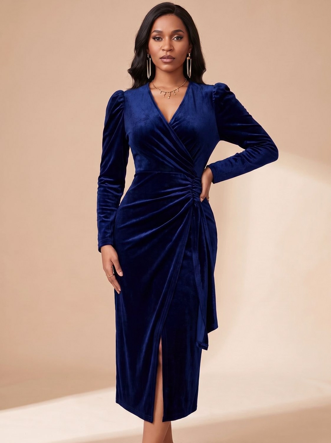 Velvet Wrap Long Sleeve Midi Dress