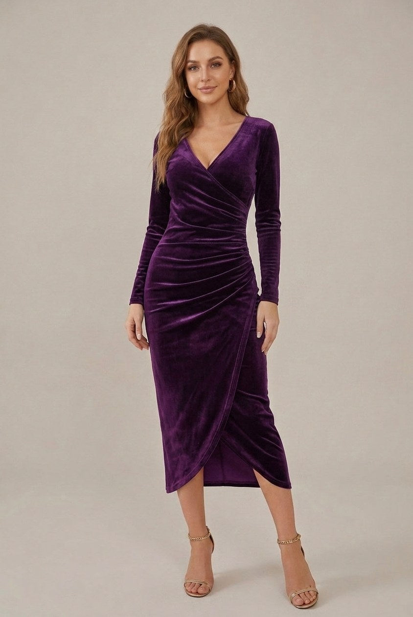 Velvet Wrap Long Sleeve Ruched Midi Dress