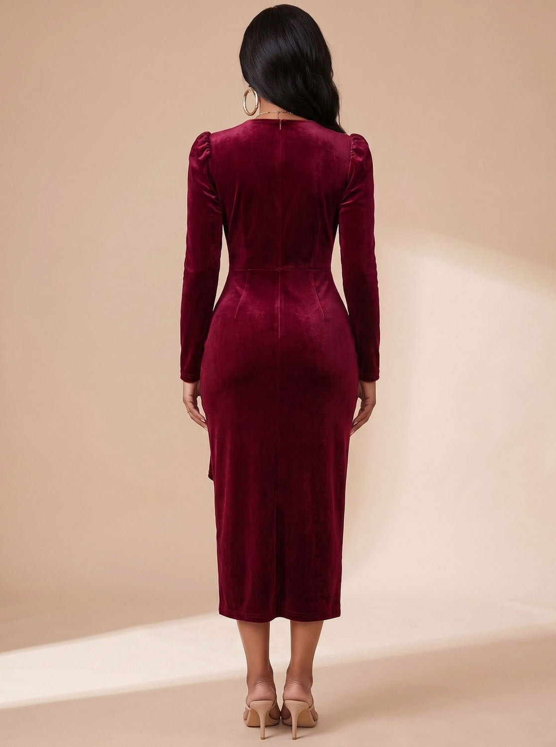 Velvet Wrap Long Sleeve Midi Dress