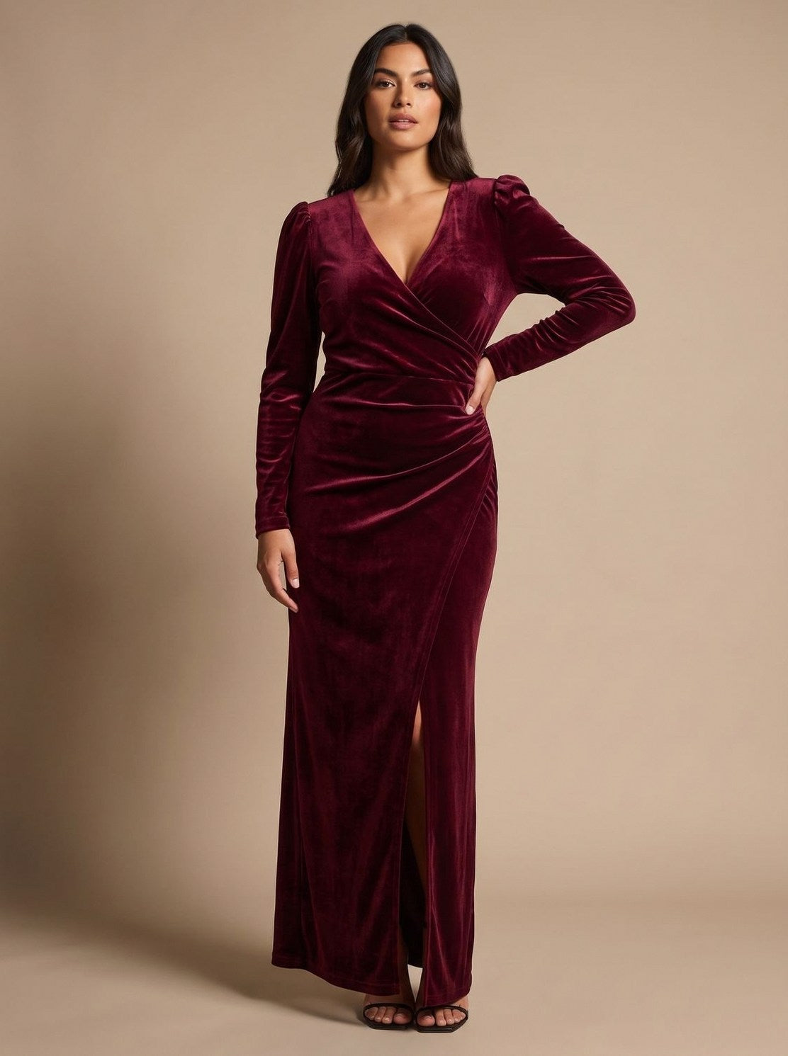 Velvet Wrap Long Sleeve Midi Dress