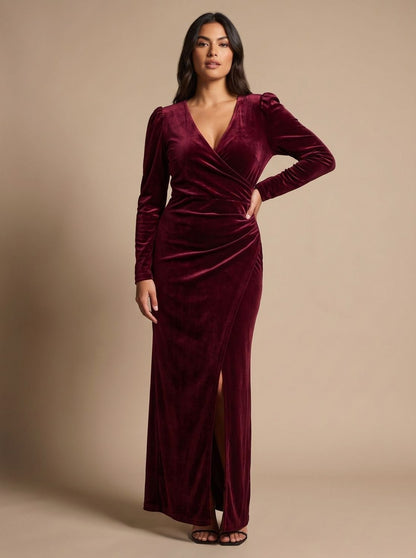Velvet Wrap Long Sleeve Midi Dress