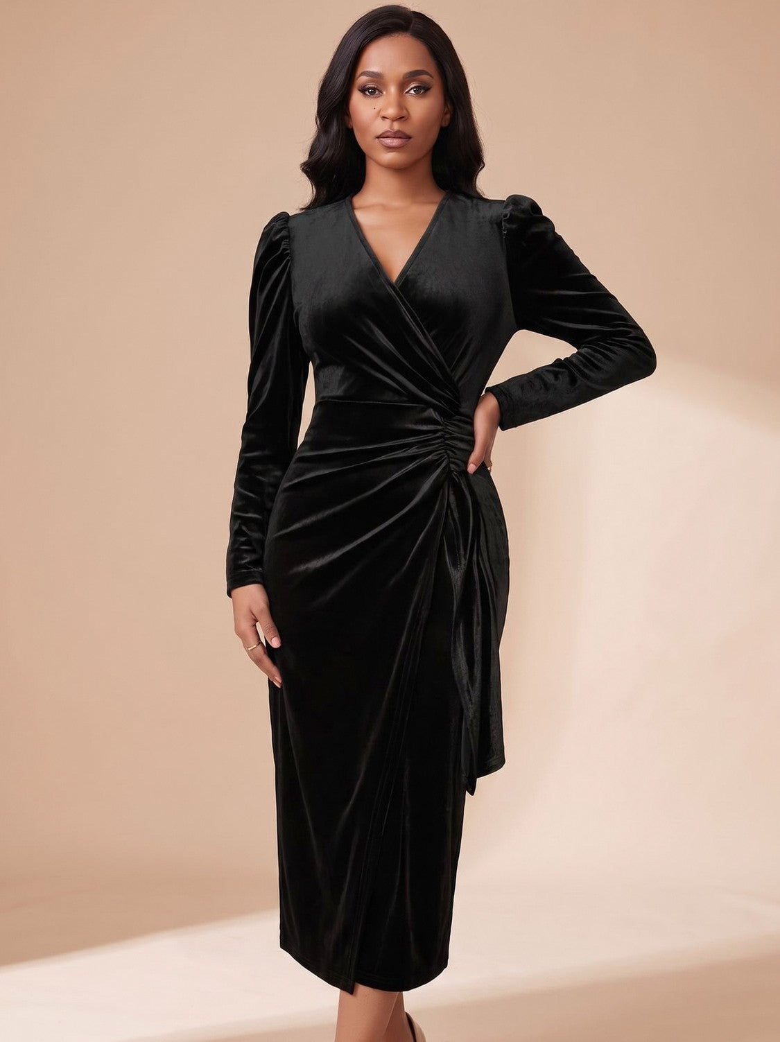 Velvet Wrap Long Sleeve Midi Dress