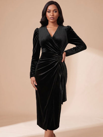 Velvet Wrap Long Sleeve Midi Dress