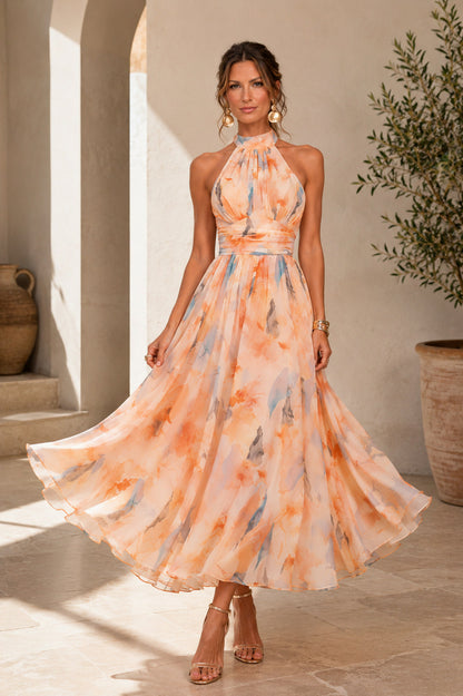 Watercolor Floral Halter Midi Dress