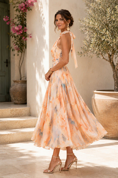 Watercolor Floral Halter Midi Dress