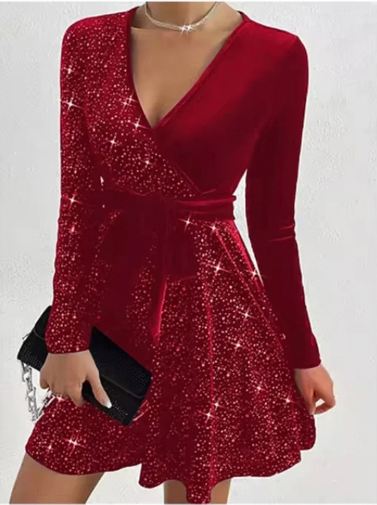 Women's Sequin Dress | Midi Wrap V-Neck Long Sleeve