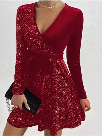 Women's Sequin Dress | Midi Wrap V-Neck Long Sleeve