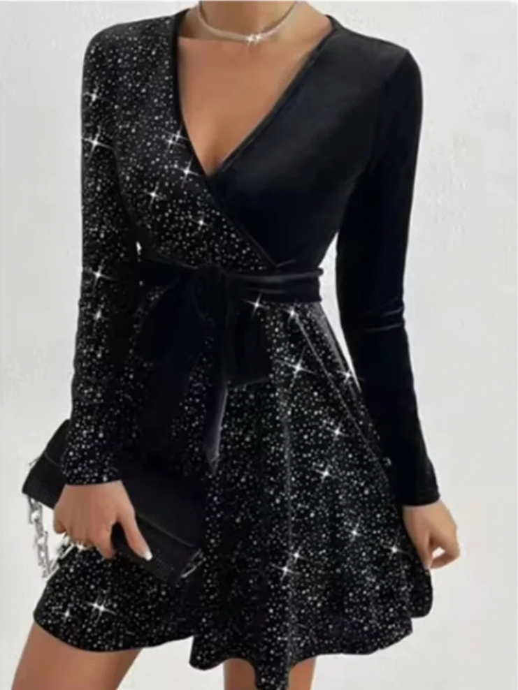 Women's Sequin Dress | Midi Wrap V-Neck Long Sleeve