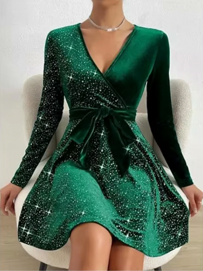 Women's Sequin Dress | Midi Wrap V-Neck Long Sleeve