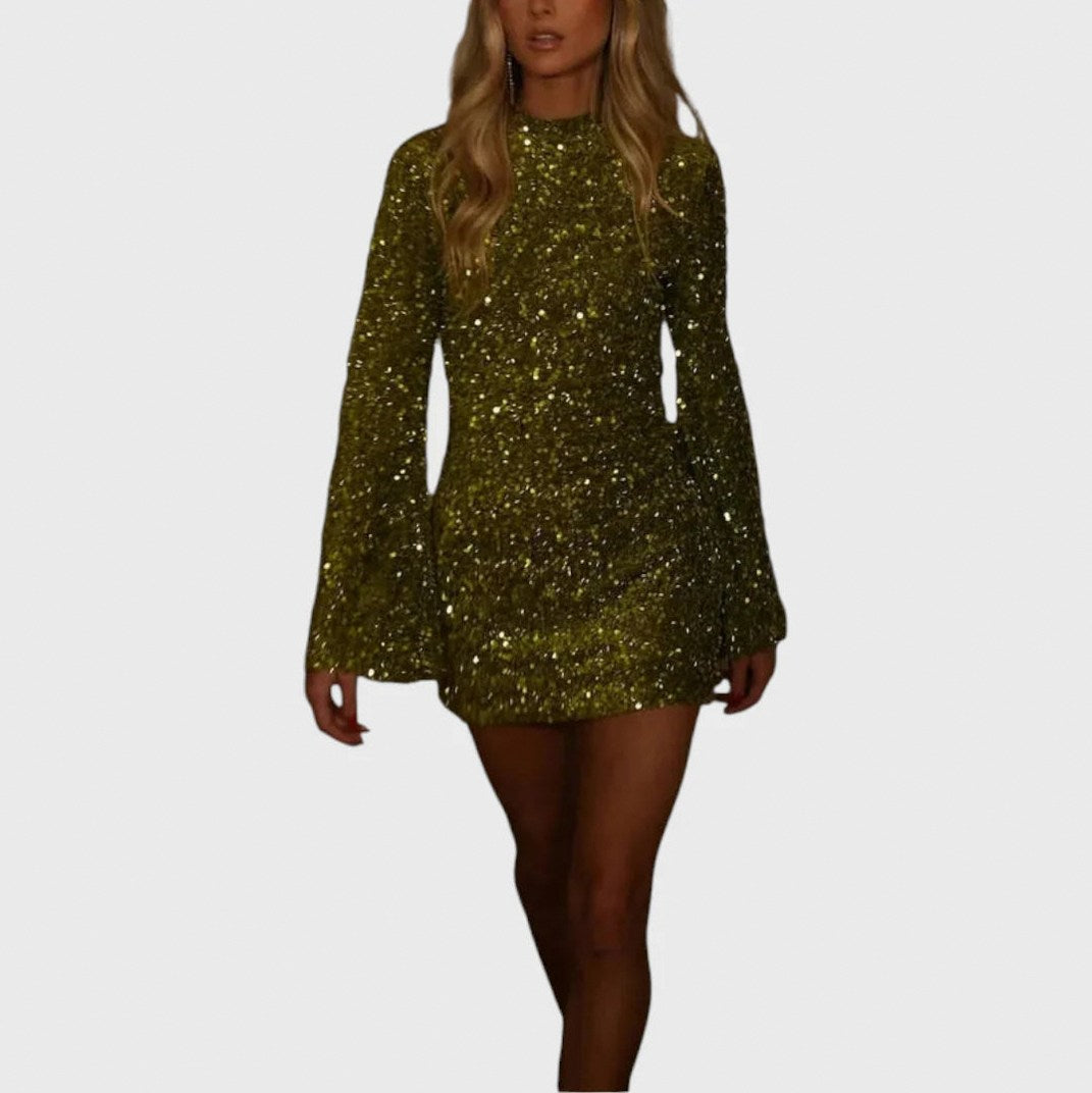 Women's Sequin Dress | Mini Long Sleeve Mock Neck