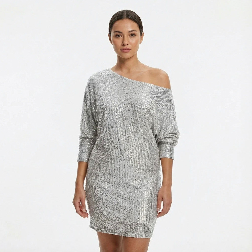 Women's Sequin Dress | Mini One-Shoulder Long Sleeve