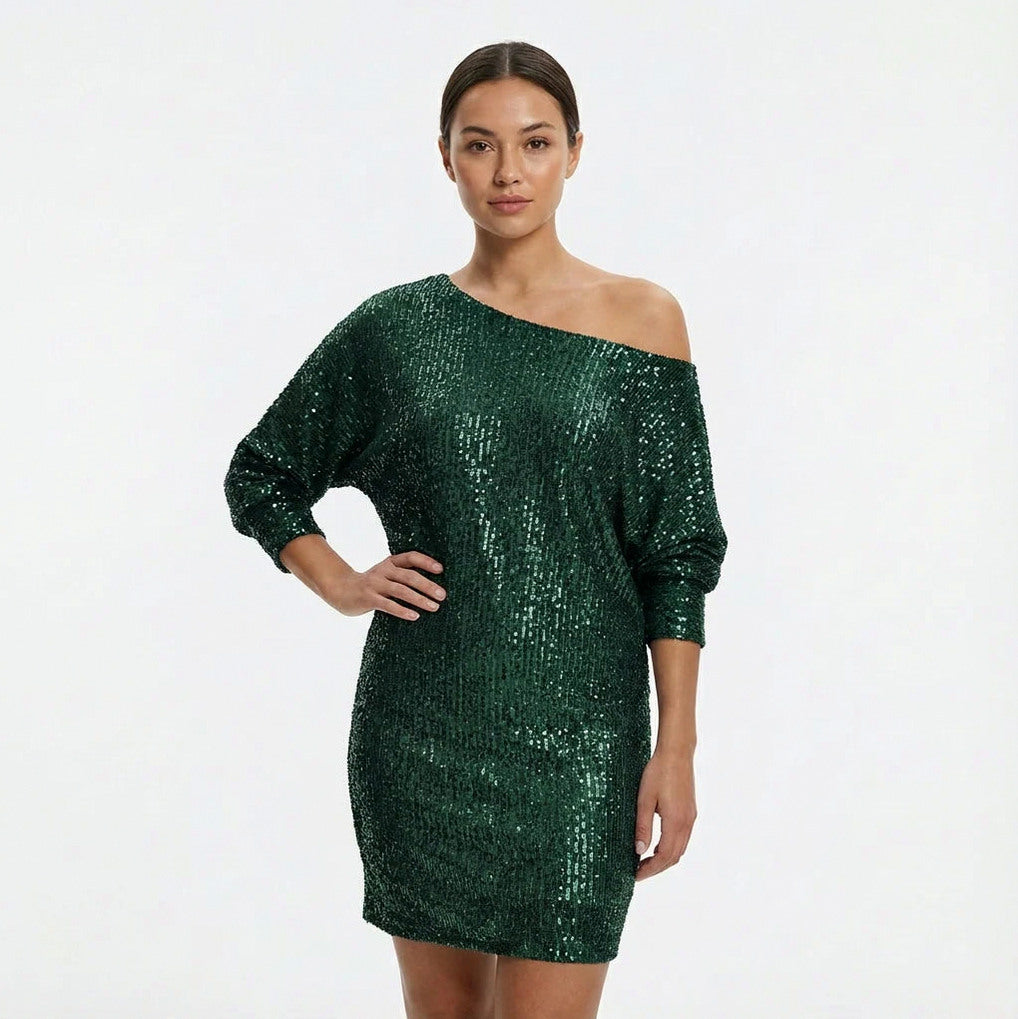 Women's Sequin Dress | Mini One-Shoulder Long Sleeve