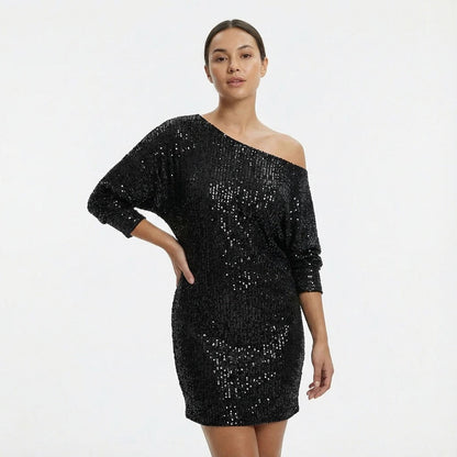 Women's Sequin Dress | Mini One-Shoulder Long Sleeve