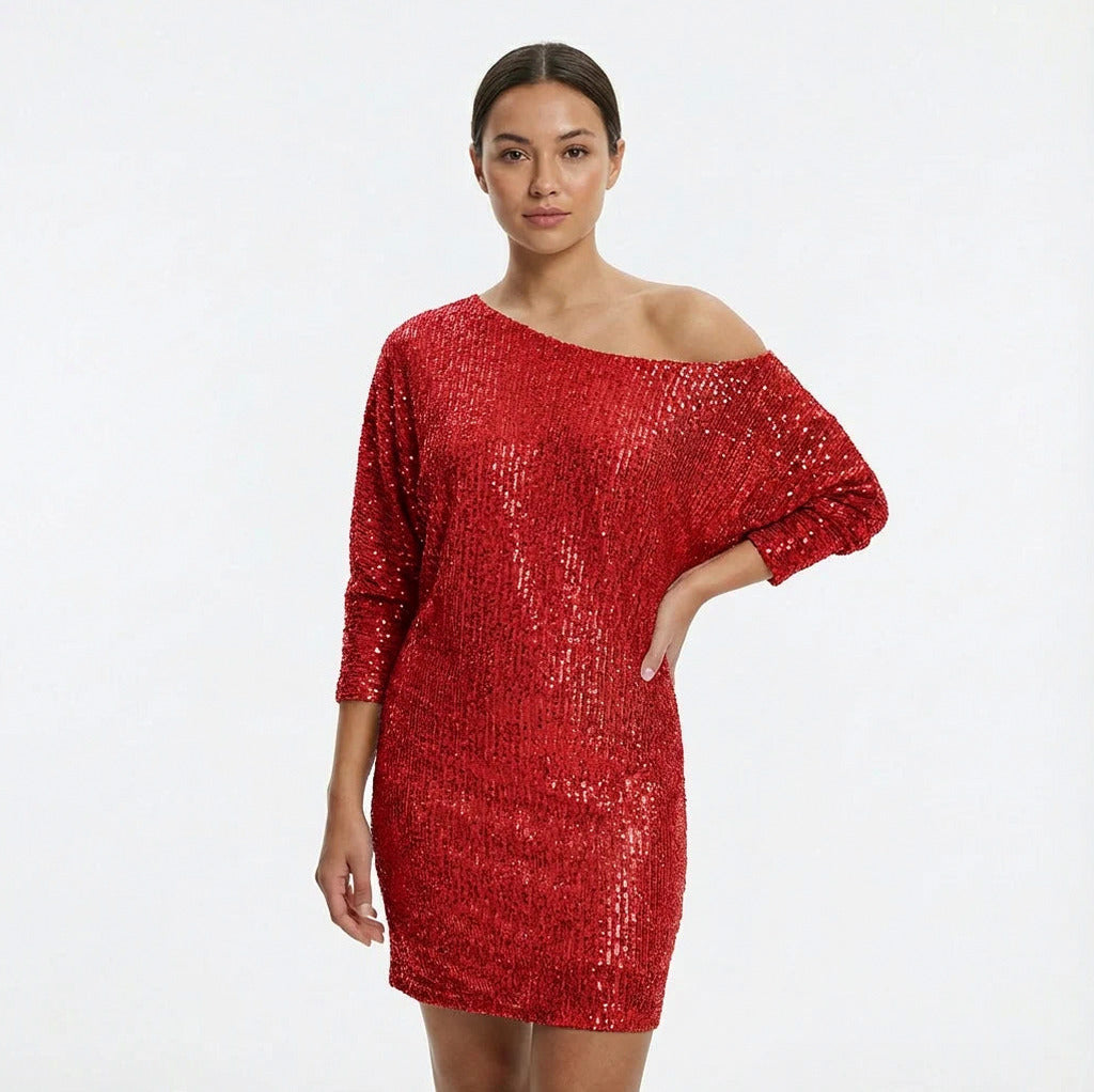 Women's Sequin Dress | Mini One-Shoulder Long Sleeve
