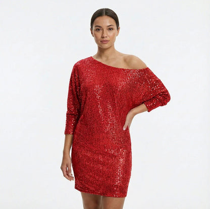 Women's Sequin Dress | Mini One-Shoulder Long Sleeve